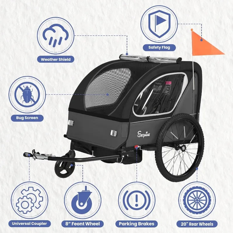 Kids Bike Trailer, 2 in1 Canopy Carrier Converts to Pushcart Suitable for 1 to 2 Toddlers, Kids, Quick Attach to Bike