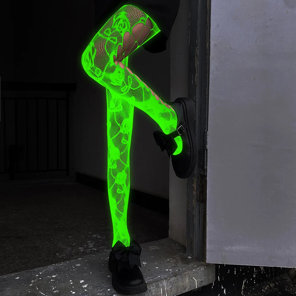 Women Glow in The Dark Fishnet Tight Rose Pattern Fishnet Tights Luminous Fishnet Halloween Party Festive Dress Up