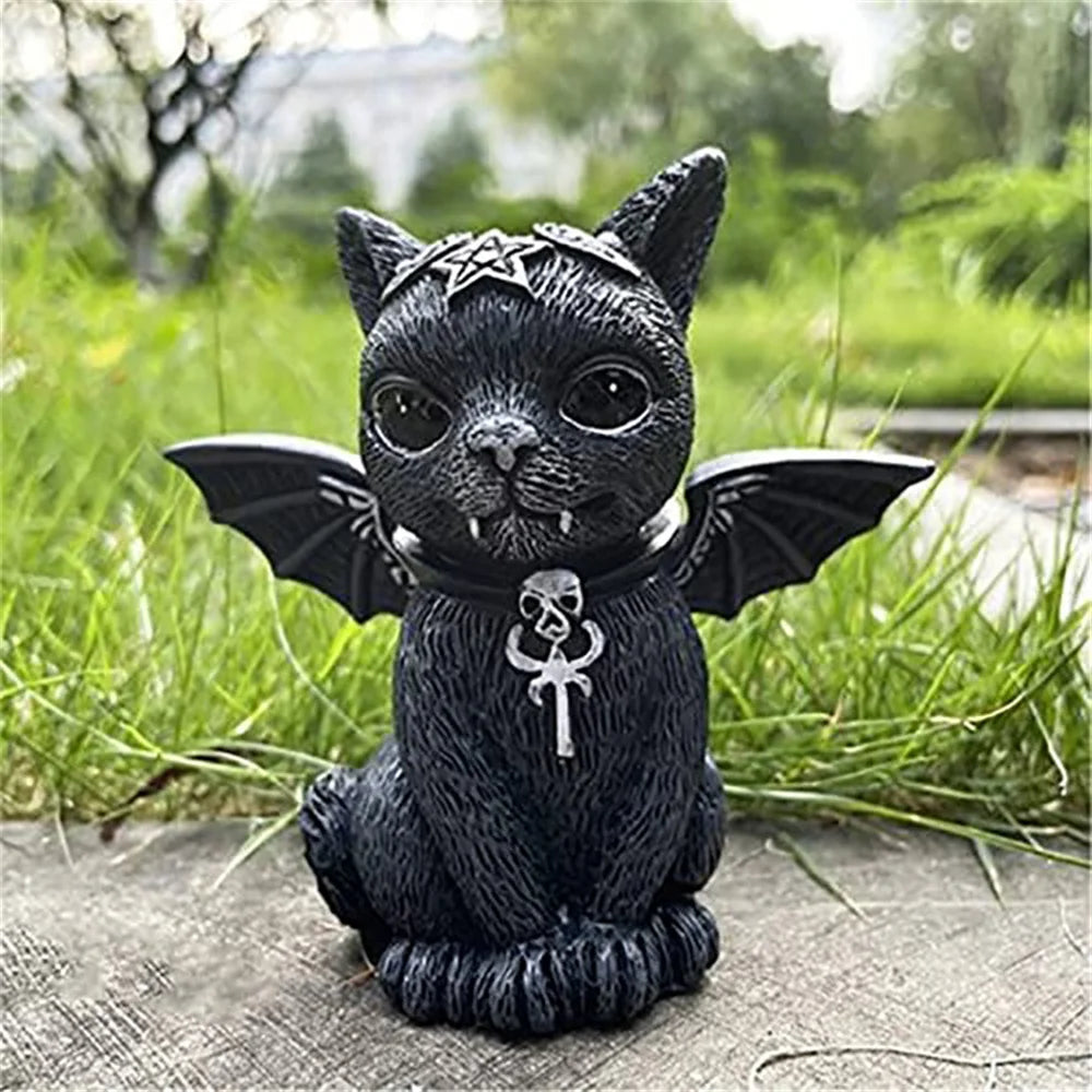 Black Cat Statue Mysterious Cute Cat Witch Cat Figurine Witches Decor Desk Ornament Hand-Painted Sculpture for Halloween 1PC