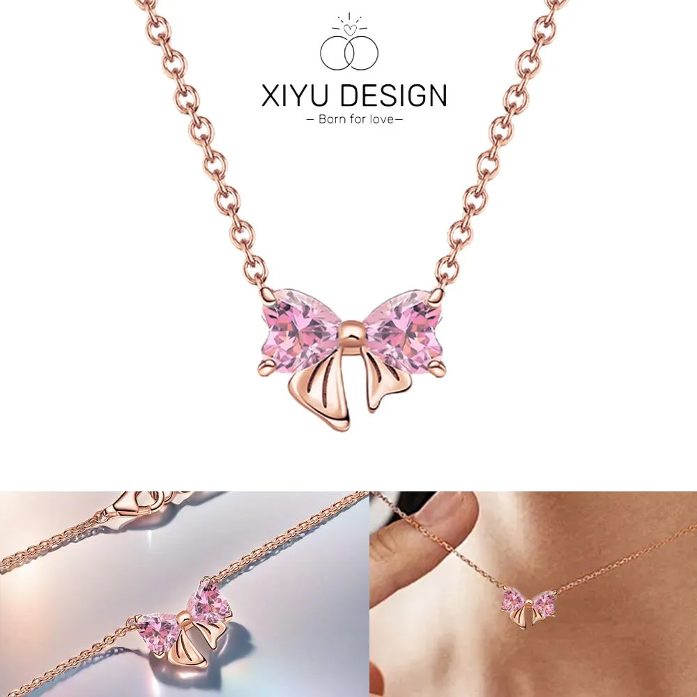 Luxury Original 925 Sterling Silver Necklace Bow Round CZ Red Heart Pendant Necklace Charm Women Classic DIY Gift Making