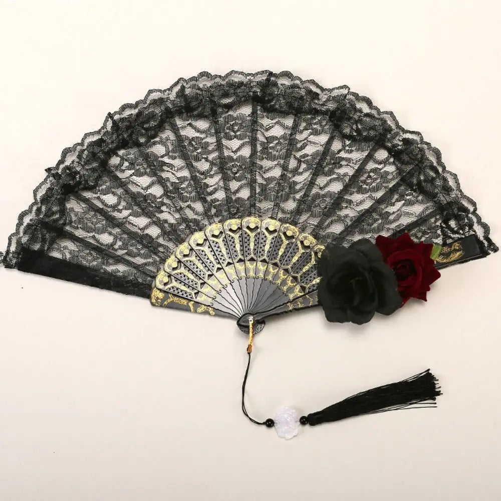 Gothic Court Lolita Lace Fan Dance Hand Fan Lace Rose Folding Fan Props for Photography