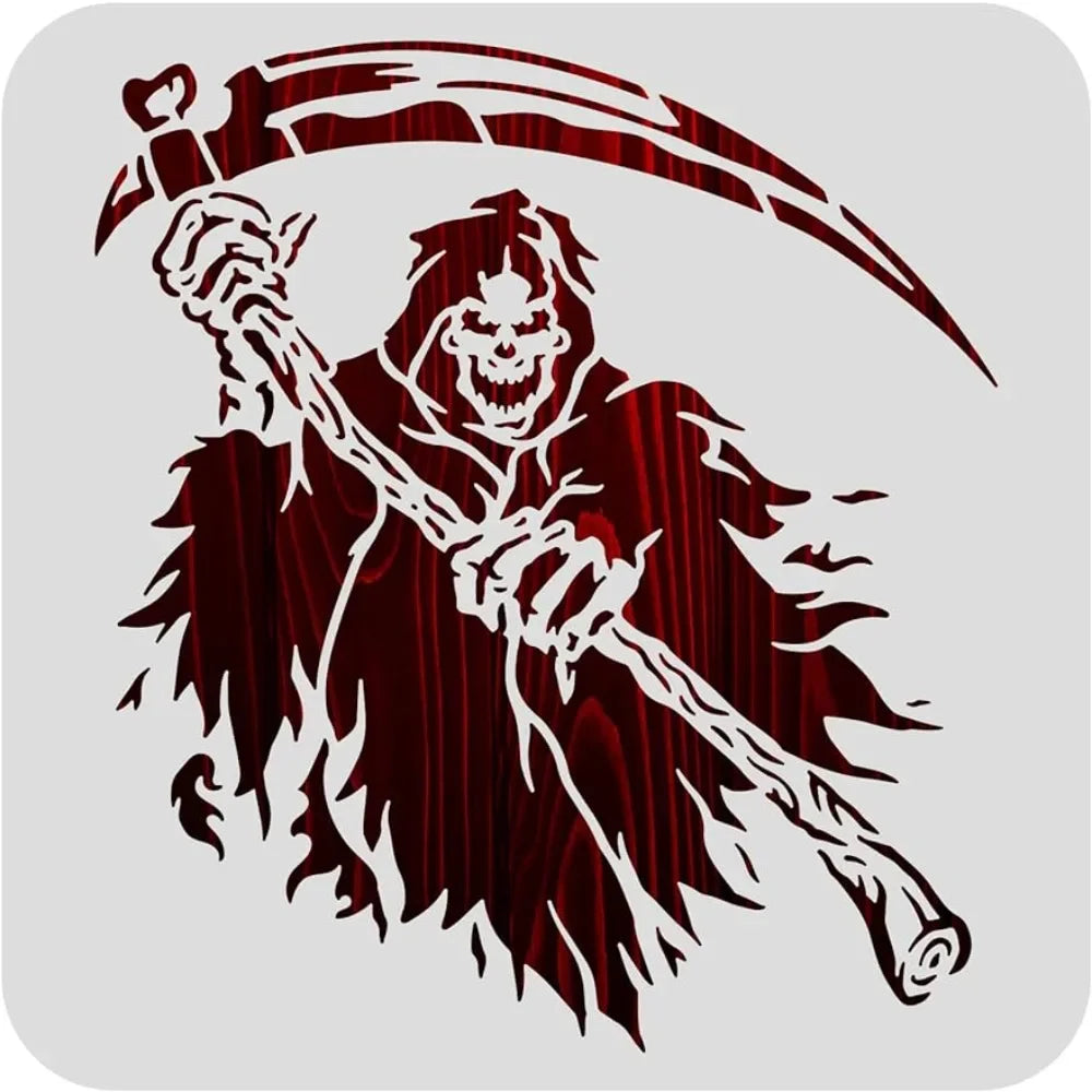12x12inch Halloween Decoration Stencils, Grim Reaper Skeleton Scythe Pattern Cutout Template for Art Spraying, DIY Mould Decor