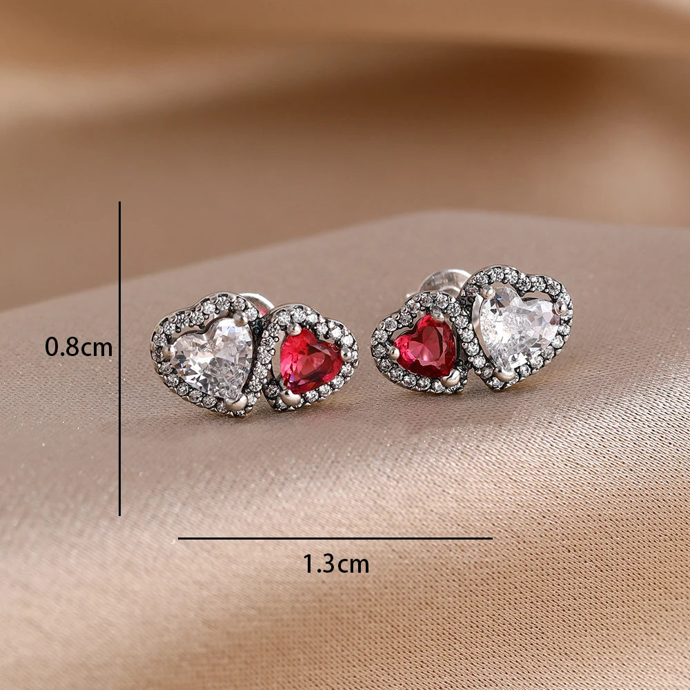 2025 New 925  silver earrings with sparkling red heart and pink bow earrings that fit original women's jewelry DIY birthday gift