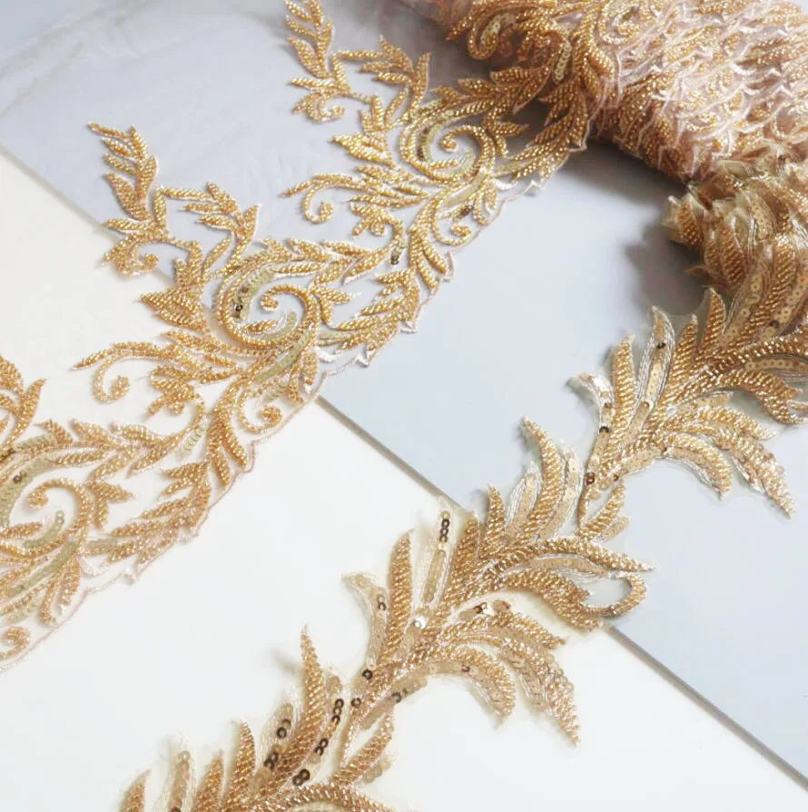 2Yards Beaded Embroidery Gold Lace Wedding Dress Veil Children's Clothing Headwear Trims 13cm~25cm