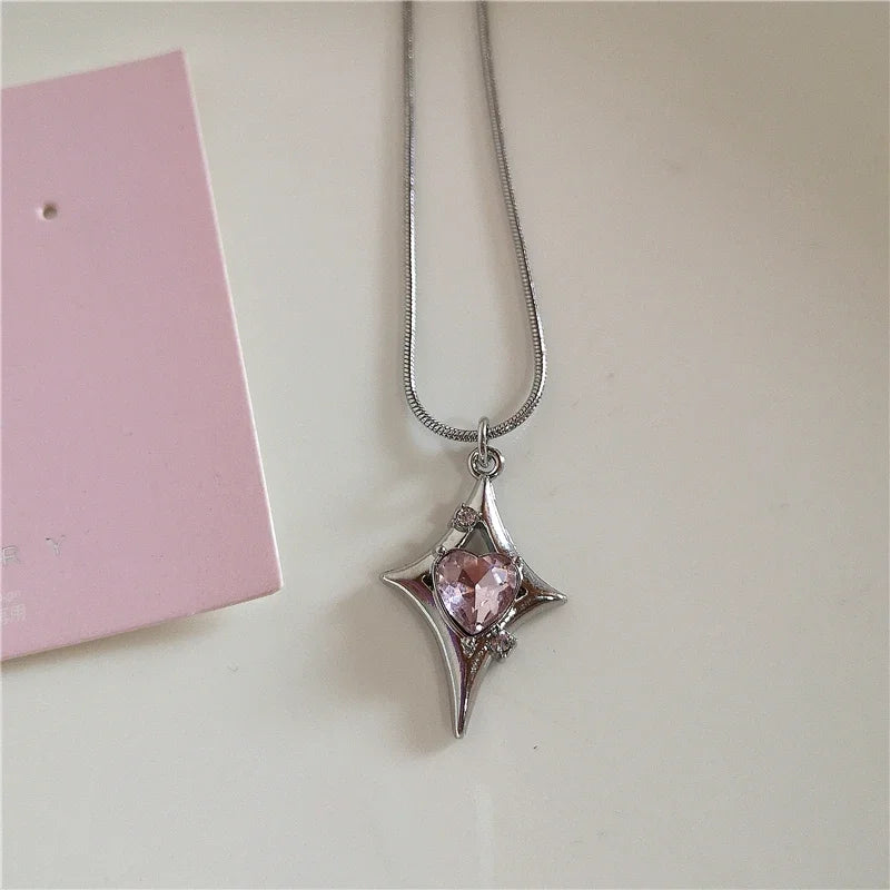 Kpop Vintage Pink Heart Bowknot Pendant Stainless Steel Snake Chain Necklace Girl Goth Y2k Aesthetic Rave Jewelry Accessories