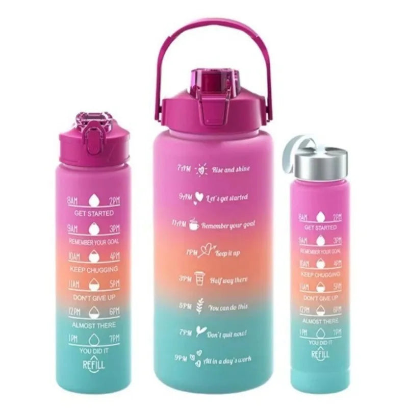 2000ml+900ml+300ml Motivational Water Bottle Set Large Capacity Tumbler with Straws Time Marker for Outdoor Sports