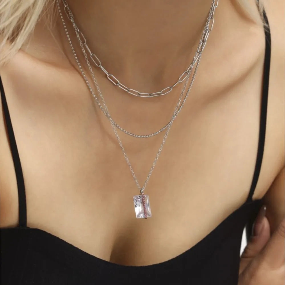 Chain Necklace In Stainless Steel With Large Square Zircon Pendant 18k Gold Plated Luxury Neck Chains Charm Necklaces For Women