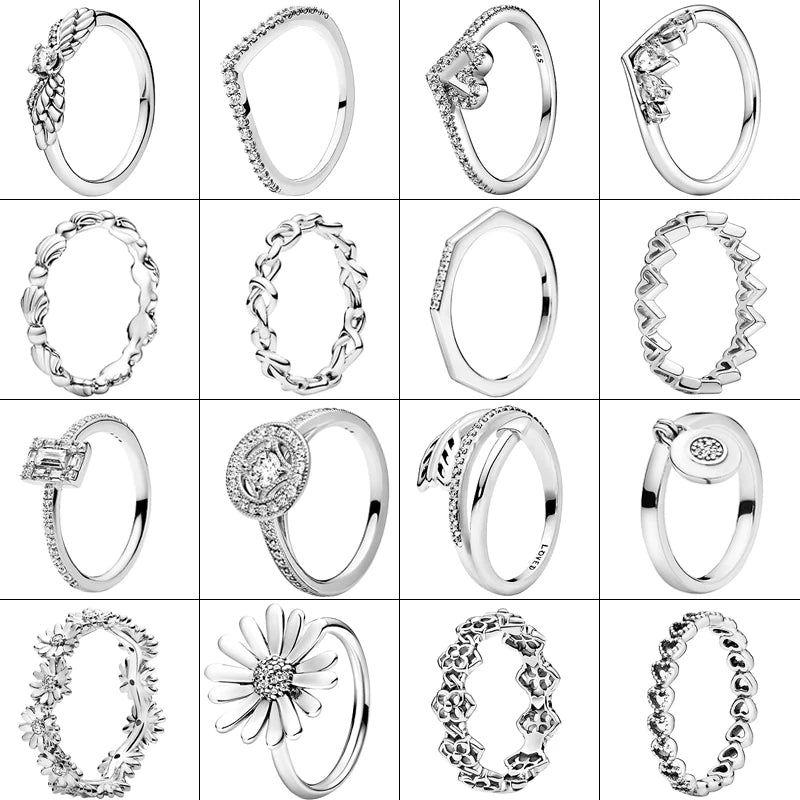 NEW 925 Sterling Silver Rings Sparkling Original Design Women Heart Daisy Flower Wishbone Ring Jewelry Engagement Female Gift