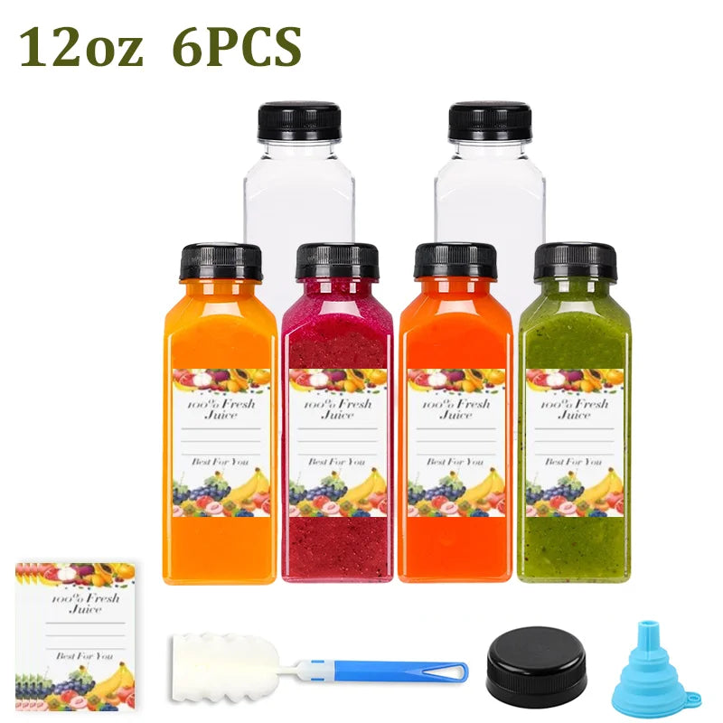 12/16oz Plastic Juice Bottles with Caps 6-50PCS Reusable Juicing Containers With Lids for Smoothie,Dringking or Other Beverages