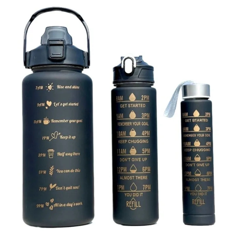 2000ml+900ml+300ml Motivational Water Bottle Set Large Capacity Tumbler with Straws Time Marker for Outdoor Sports