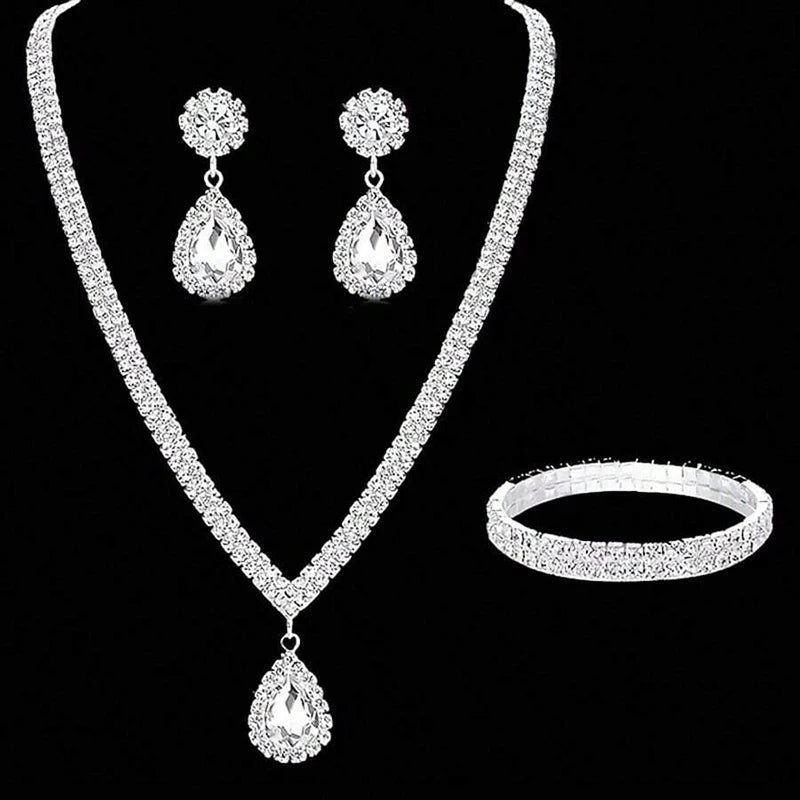 4 Pieces Luxurious Jewelry Set Exquisite Rhinestone Pendant Elegant Women's Crystal Silver Plated Necklace Earrings Bracelet Set