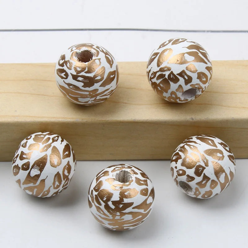 Round Balls Red Green Wooden Beads 15mm Cartoon Tree Letter Pattern Halloween Christmas Beads For Jewelry Making DIY Accessories