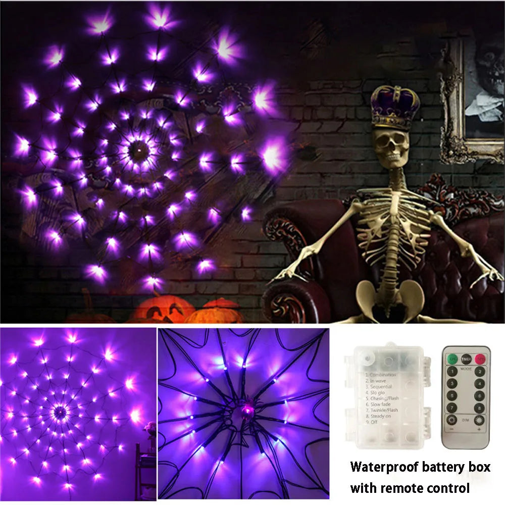 Halloween Decor 70LED 1.2m Spider Web Lights Waterproof Spider Net Lights Halloween Purple String Light Outdoor Home Party Decor