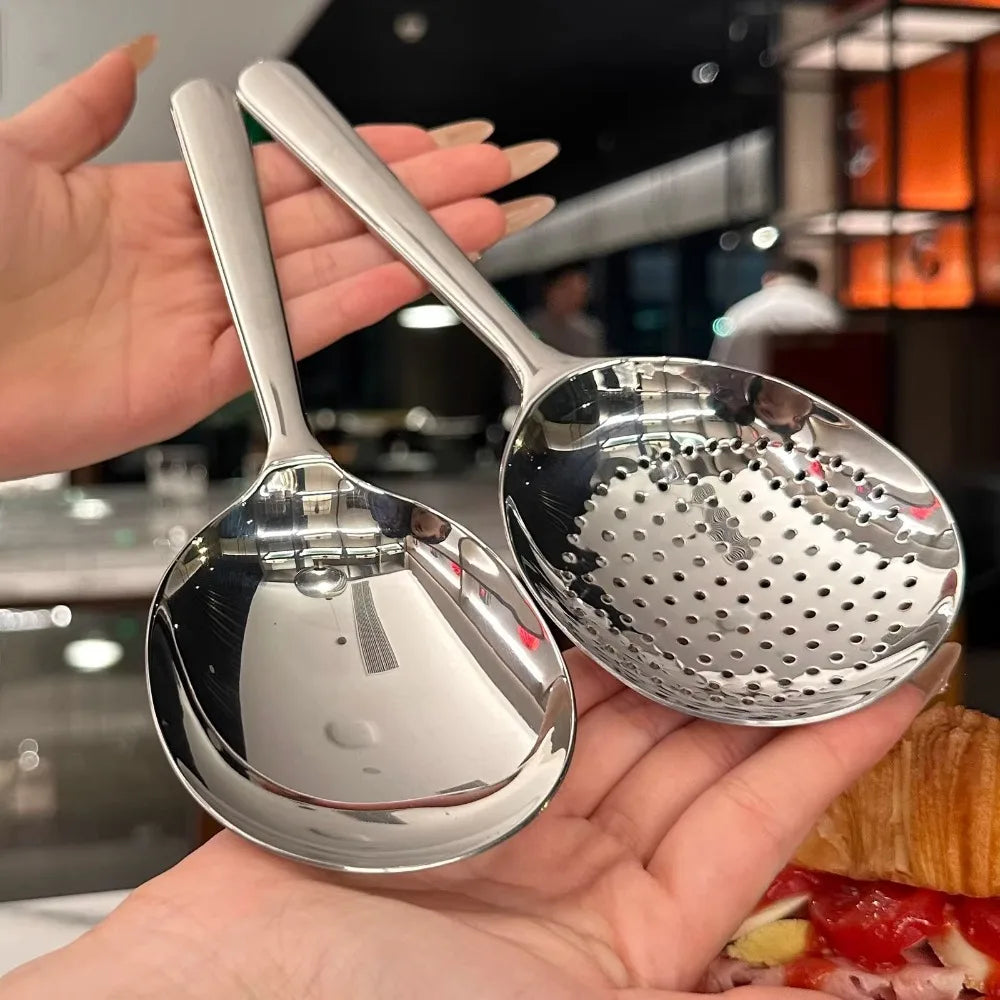 1Pc Big Head Stainless Steel Round Spoon Large Size Dining Spoon Rice Serving Spoon Drain Hole Heat Spoons Kitchen Tool Utensils