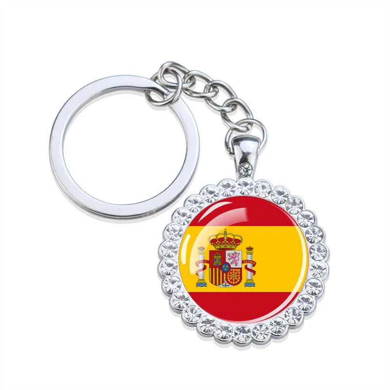 Europe National Flag Keychains Glass Dome Rhinestone Pendant Key Chains Albania Spain Ukraine Russia France Germany Flag Keyring