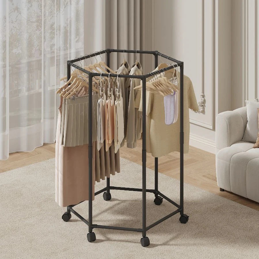 Hexagonal Rotating Clothes Rack on Wheels - Sturdy 16mm Metal Tube Freestanding, Space Saving Vertical Hanger for Dresses