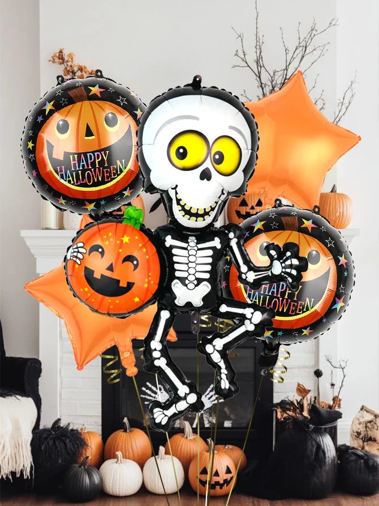 5 pcs Halloween skull balloon set, suitable for Halloween party decoration, trick or treat, horror decoration supplies