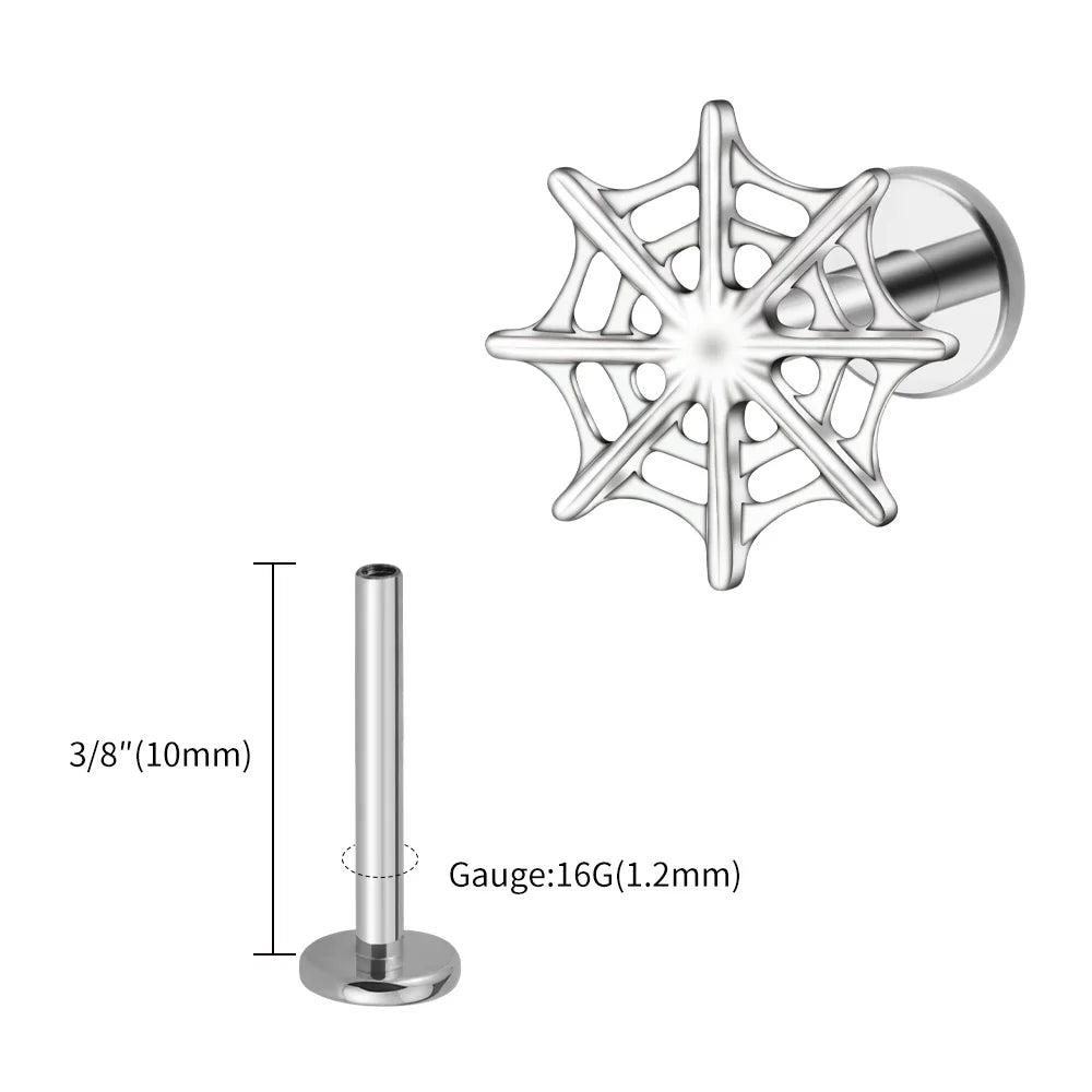 Right Grand ASTM F136 Titanium 16G Spider Web Stud Earring Cartilage Tragus Helix Conch Ear Lobe Flat Piercing Halloween Jewelry