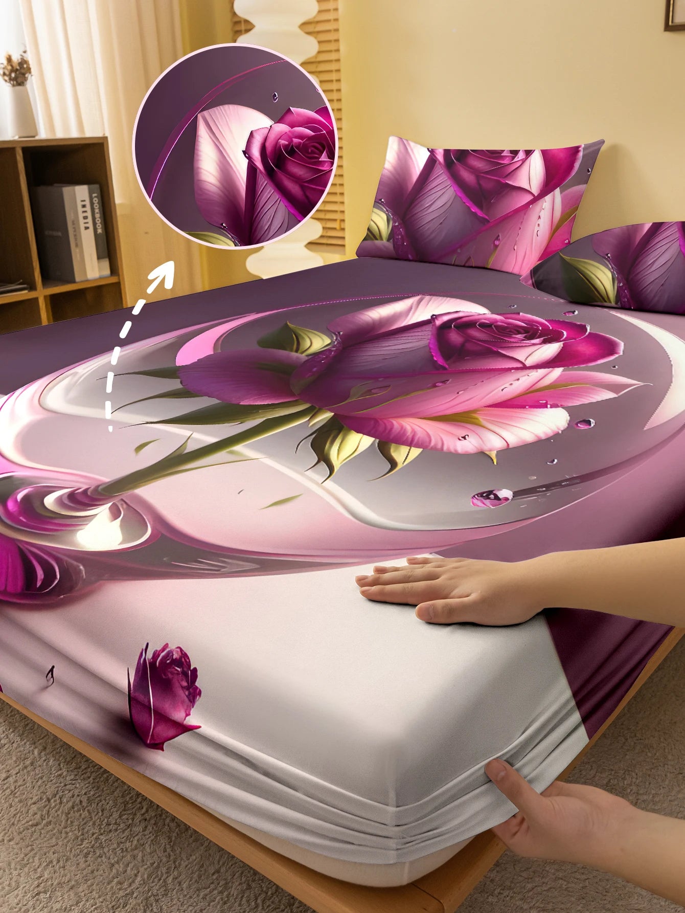 1 Simple modern Plant Flower Pink Rose digital printed frosted Fitted Sheet,bedroom printed bed cover,bedding(No pillowcase)