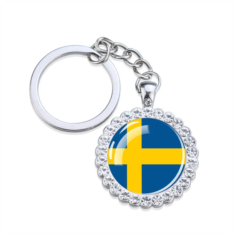 Europe National Flag Keychains Glass Dome Rhinestone Pendant Key Chains Albania Spain Ukraine Russia France Germany Flag Keyring