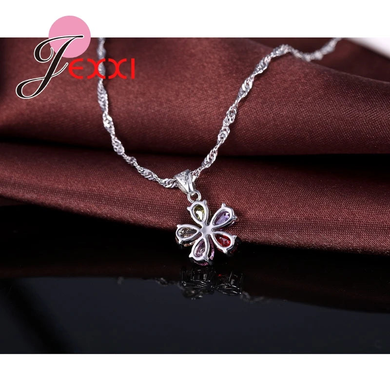 Shinning Flower Colorful CZ Crystal Pendant Jewelry Sets 925 Sterling Silver Pendant Necklace + Dangle/Hoop Earring Sets
