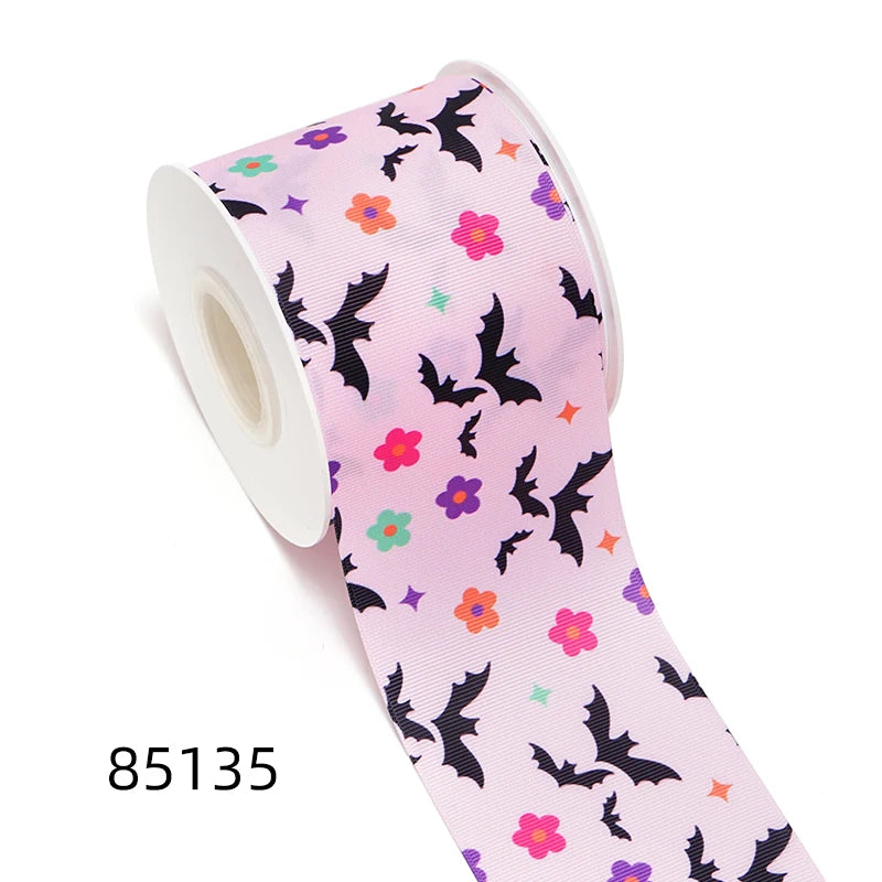 5 Yards Bat Spider Halloween Printed Grosgrain Satin Ribbons For Bows DIY Craft Decoration Packaging Supplies. 85110