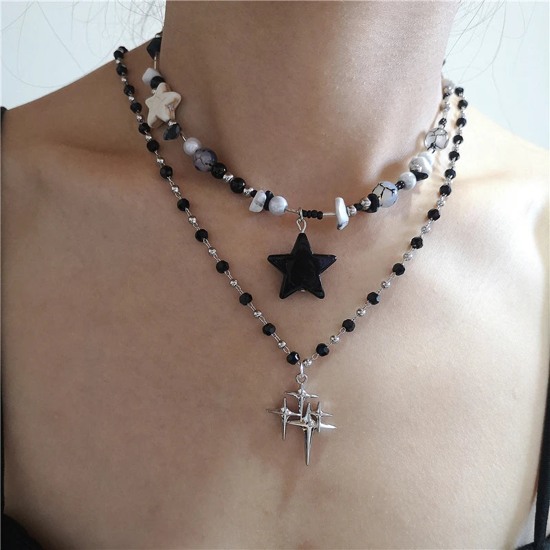 Kpop Goth Vintage Cool Y2K Star Pendant Beaded Silver Color Chain Necklace For Women Men Aesthetic Grunge EMO Jewely Accessory