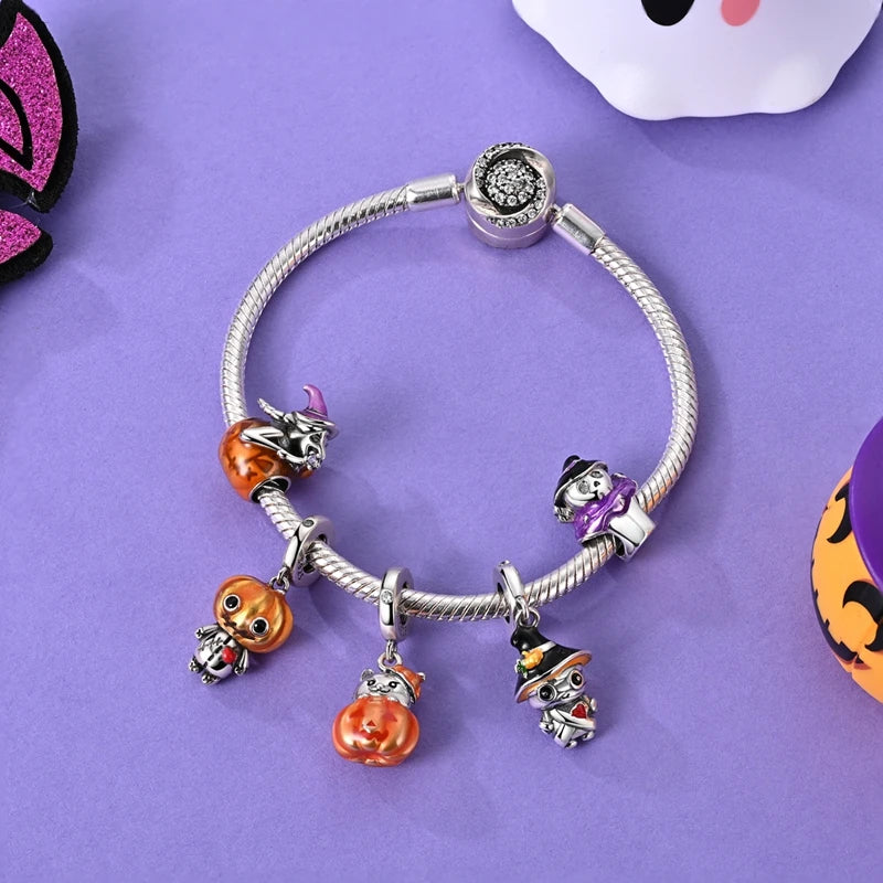 Halloween Charms 925 Sterling Silver Nightlight Pumpkin Skull Candy Witch bead for jewelry making Fit DIY Bracelet Pendant Women
