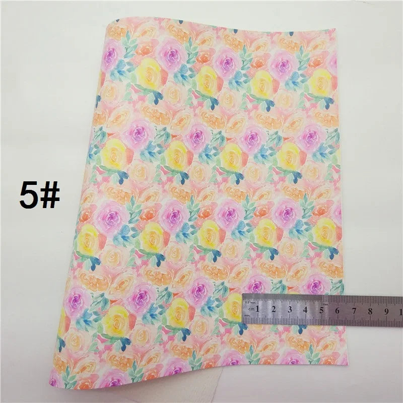Spring Rose Flowers Printed Synthetic Leather Faux Fabric Sheets Felt Backing Vinyl For Earrings bag Bows DIY GM2381B