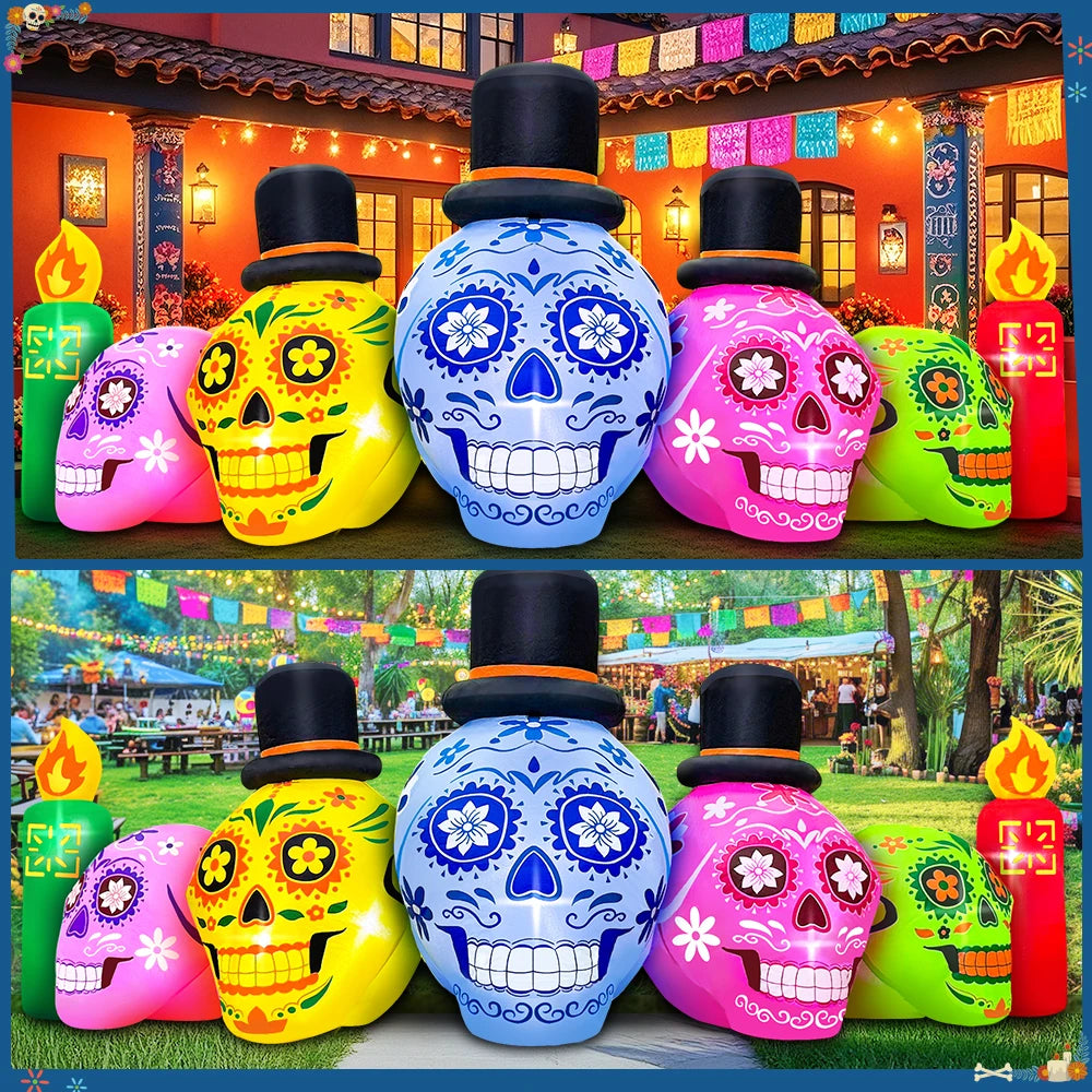 KOOY 7 FT Halloween Inflatable Decoration Five Colorful Skulls Outdoor Holiday Decor,LED Lights Blow Up Halloween Decoration