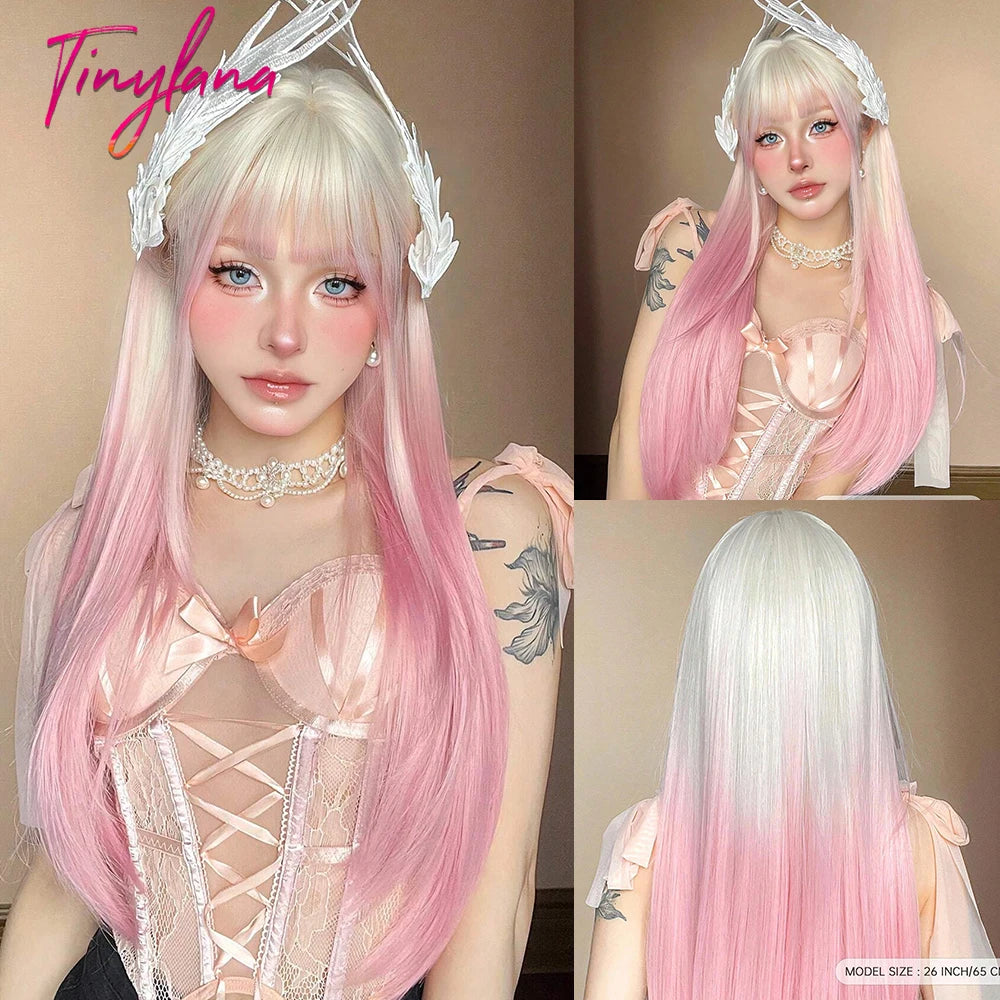 Long Straight Light Pink Synthetic Wigs with Bangs for Women Cosplay Halloween Lolita Pink Party Wig Natural Hair Heat Resistant