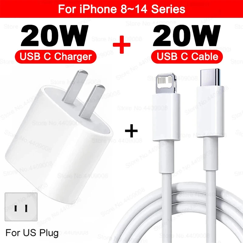 20W For iPhone USB C Fast Charger For iPhone 15 14 13 12 11 16 Pro Max 8 Plus PD Charger Type C Quick Charging Cable Accessories