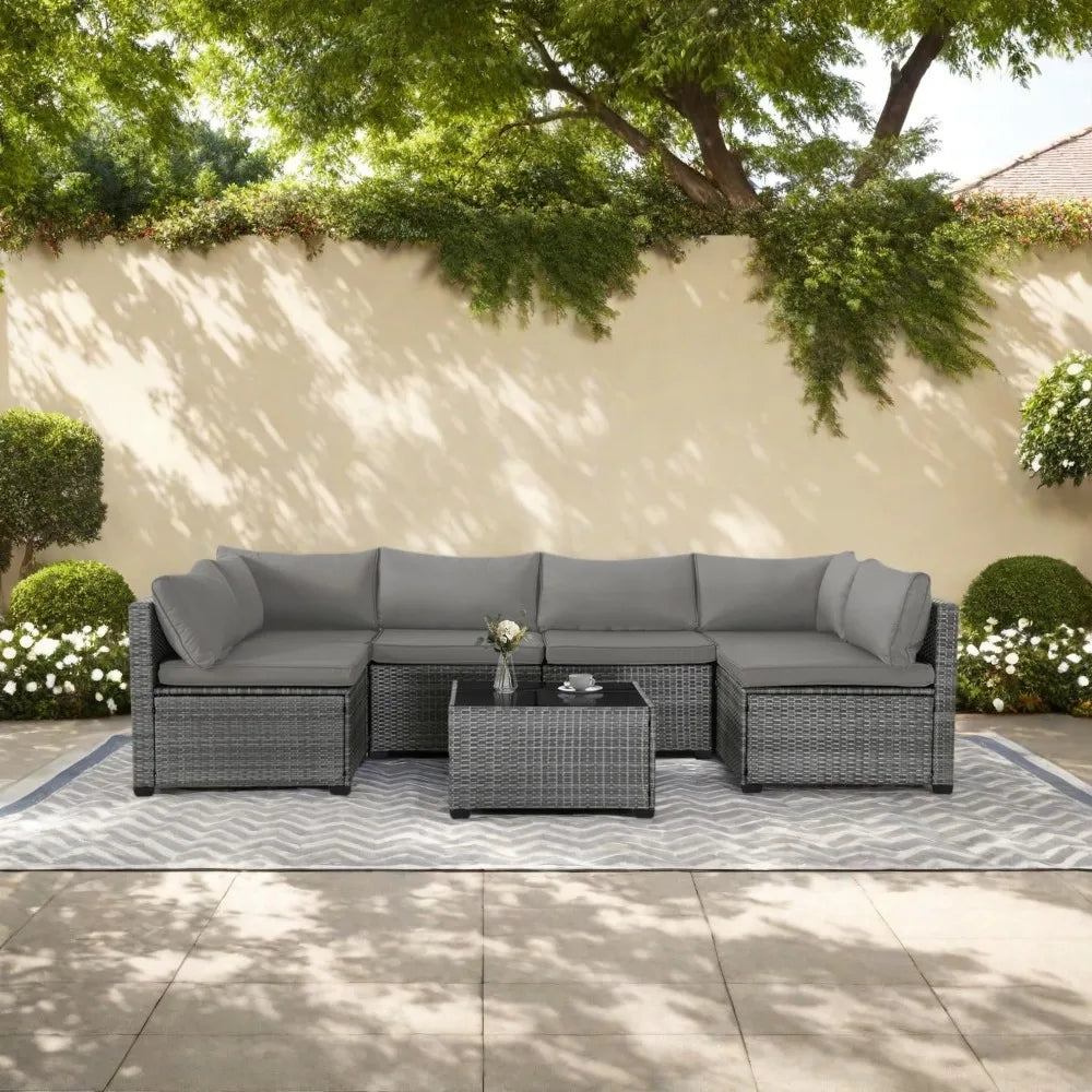7-Piece Outdoor Rattan Sectional Sofa Set, Gray Wicker Patio Furniture Sets with Navy Blue Cushions for Balcony, Porch