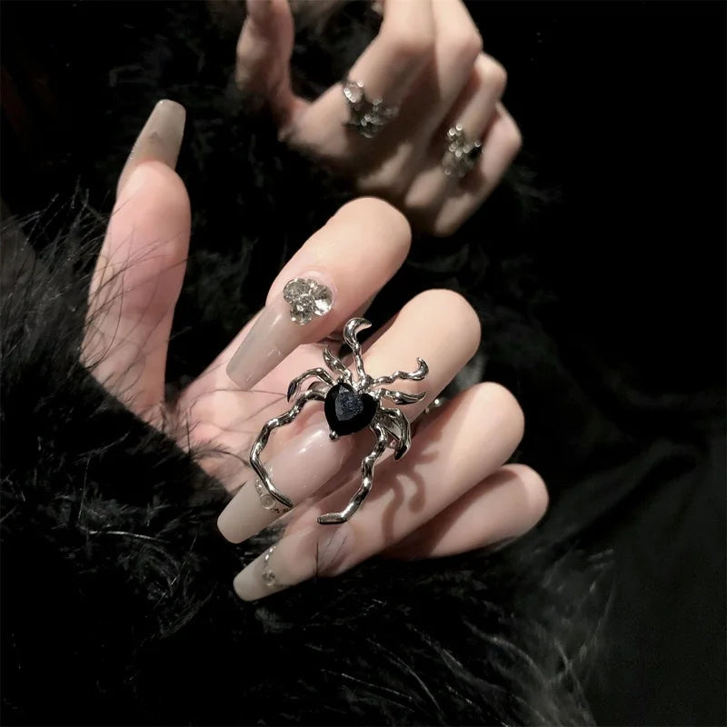 Gothic Fashion Rings For Women Girls Crystal Black Spider Open Ring Hip Hop Punk Irregular Animal Finger Jewelry Halloween Gift