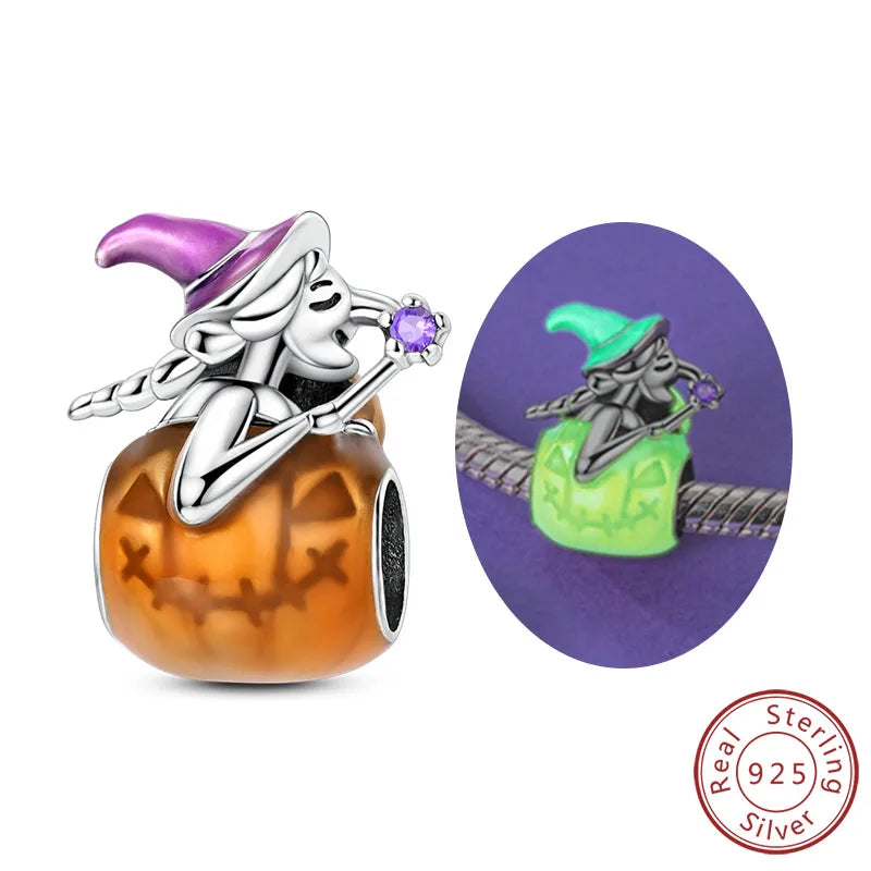 Halloween Charm Bead Pendant 925 Sterling Silver Pumpkin Witch Doll Skeleton Mummy Candy Charm Fit Original Bracelet DIY Jewelry