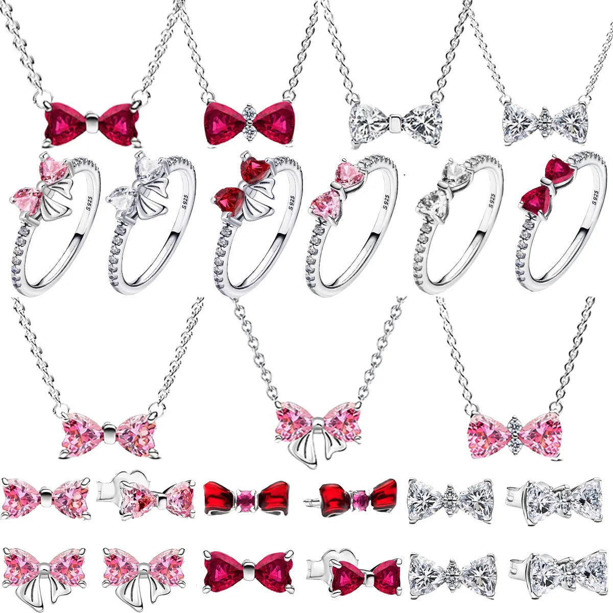 New 925 Silver Zircon Shining Ring Colorful Bow Tie Set Ring Earrings Bracelet Necklace Original For Women DIY Fine Jewelry Gift