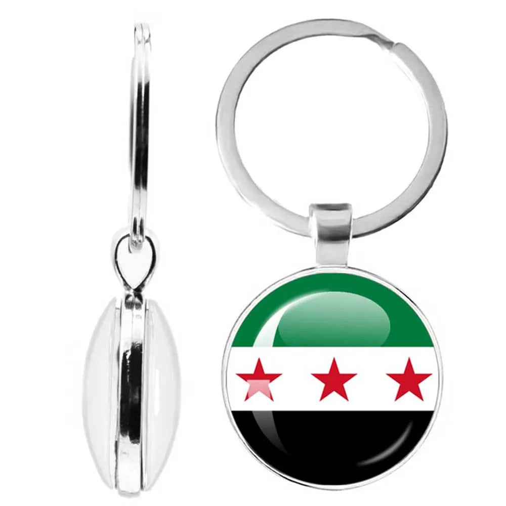 SKY FLAG Syria Flag National Keychain Glass Cabochon Heart-Shape Pendant Keychain For Women Men Charm Fashion Jewelry Gift