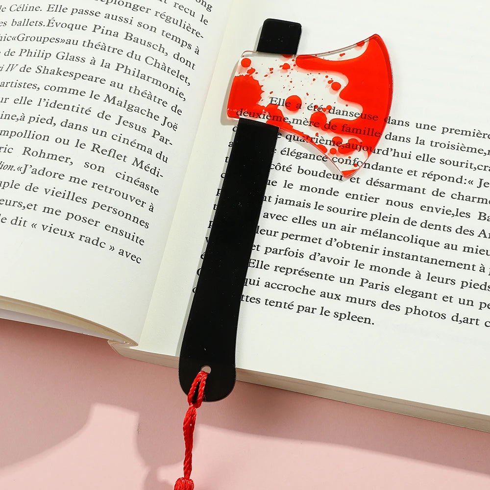 1Pcs Horror Knife Clear Acrylic Bookmark with Tassel, Halloween Themed Series Chopper Saw with Blood, Halloween for Bookworms