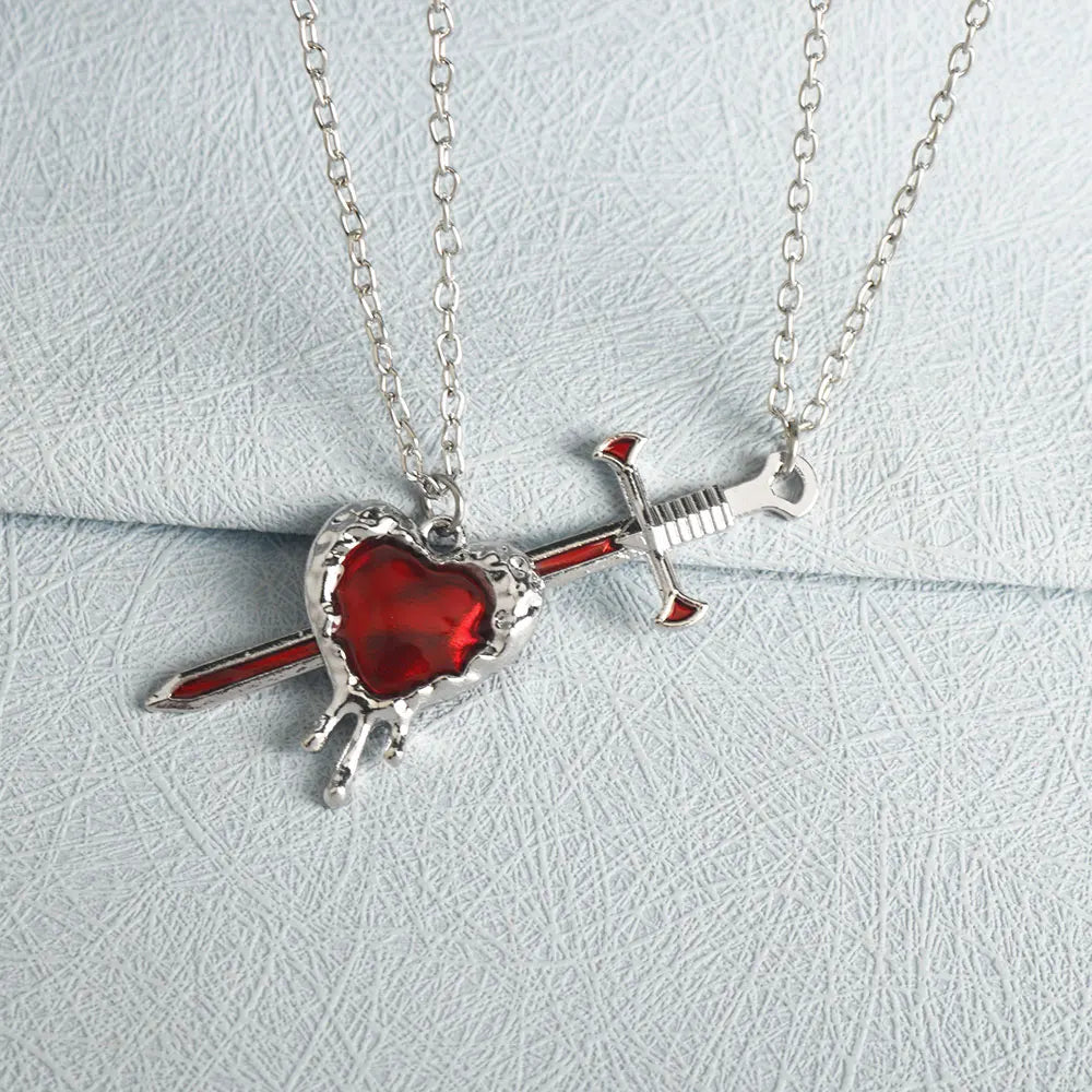 A Set Red Heart and Sword Couple Necklace Collarbone Chain Sword Necklace Fashion Accessories for Women Christmas Gift