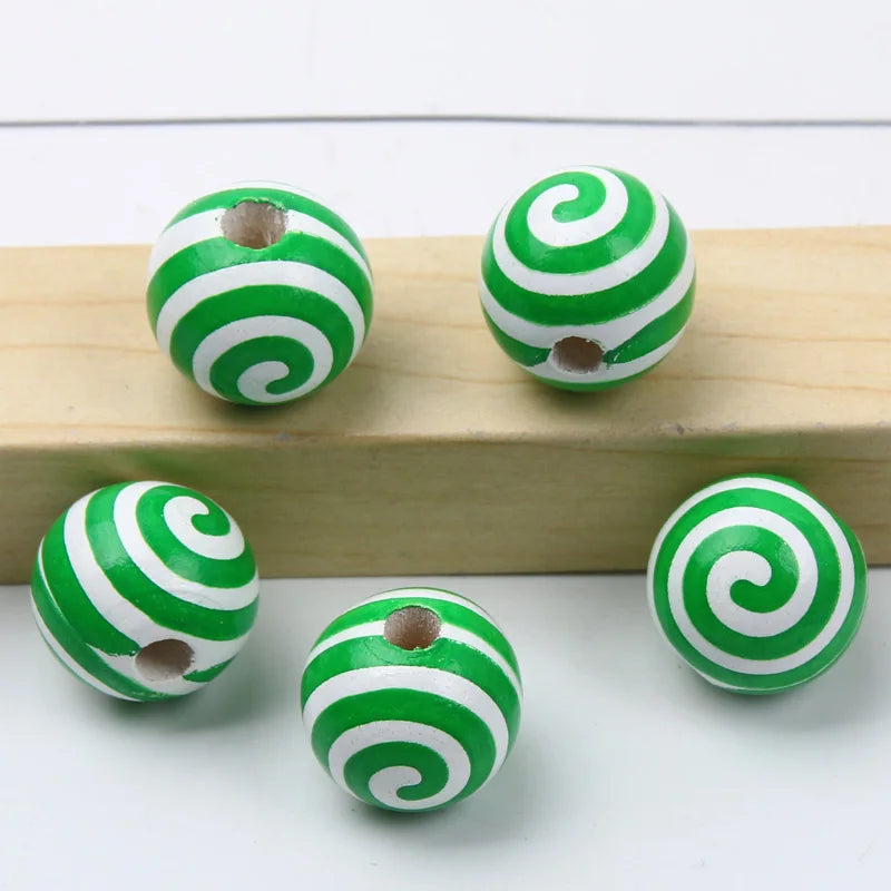 Round Balls Red Green Wooden Beads 15mm Cartoon Tree Letter Pattern Halloween Christmas Beads For Jewelry Making DIY Accessories
