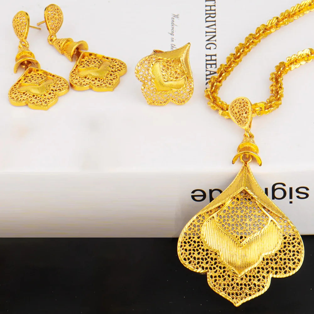Nigerian Jewelery Set For Women Dubai 24K Gold Color Jewlery African Designer Wedding Bridal Necklace Earring Ring Gift