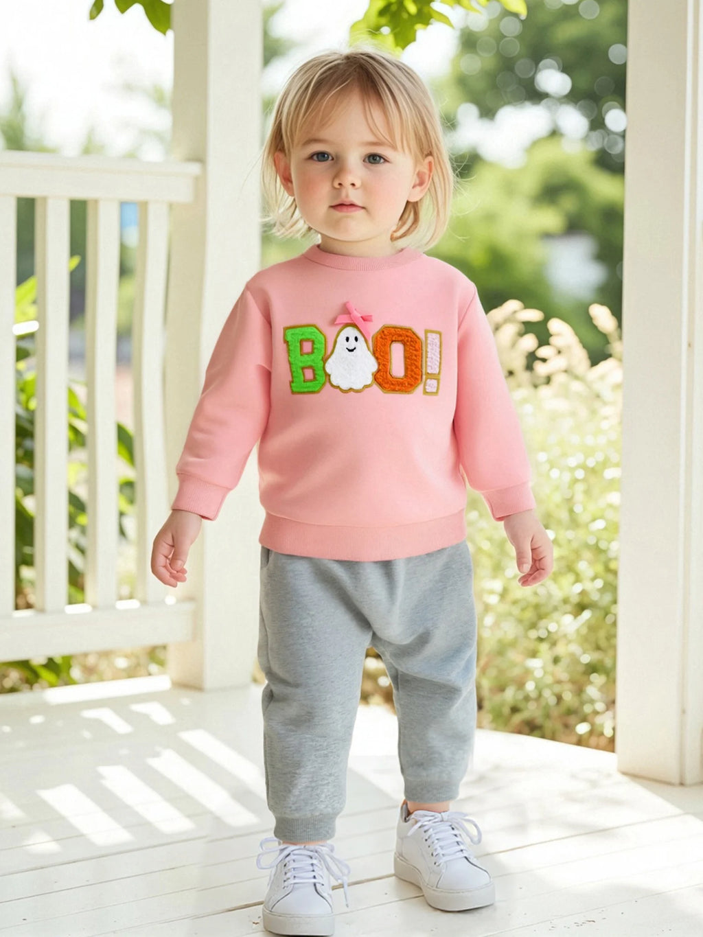 Adorable Infant Halloween Pullover with Embroidered Letters Round Neck and Long Sleeves - Stylish Toddler Outfit for Fall Fun