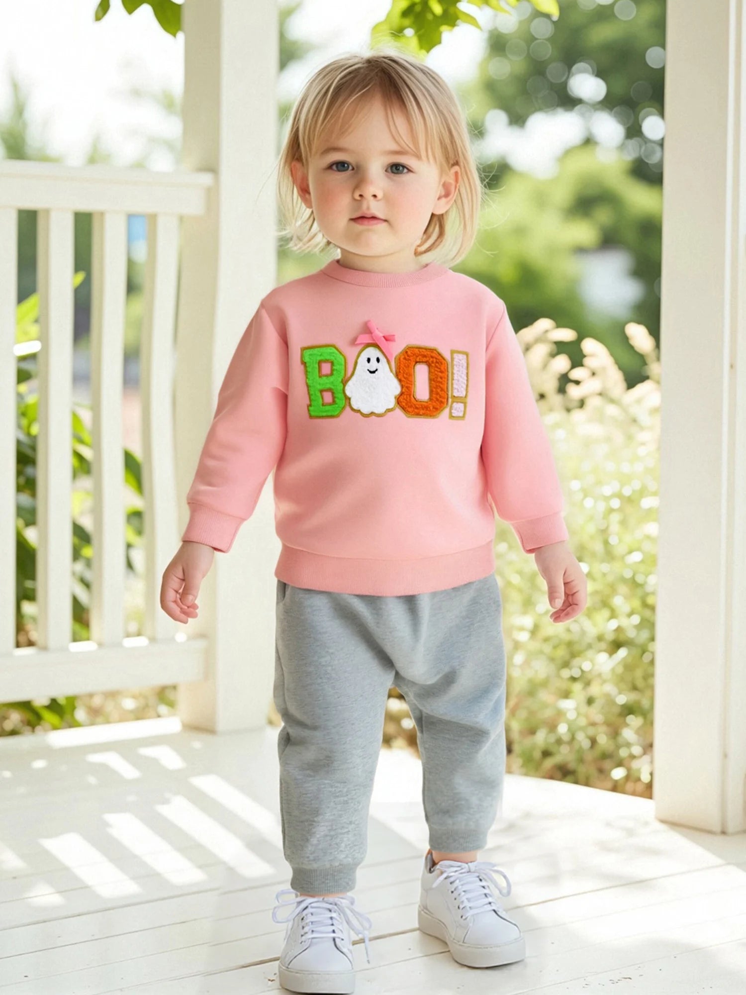 Adorable Infant Halloween Pullover with Embroidered Letters Round Neck and Long Sleeves - Stylish Toddler Outfit for Fall Fun