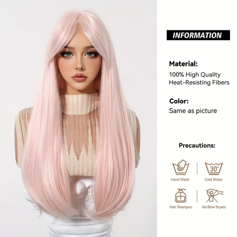 Long Straight Light Pink Synthetic Wigs with Bangs for Women Cosplay Halloween Lolita Pink Party Wig Natural Hair Heat Resistant