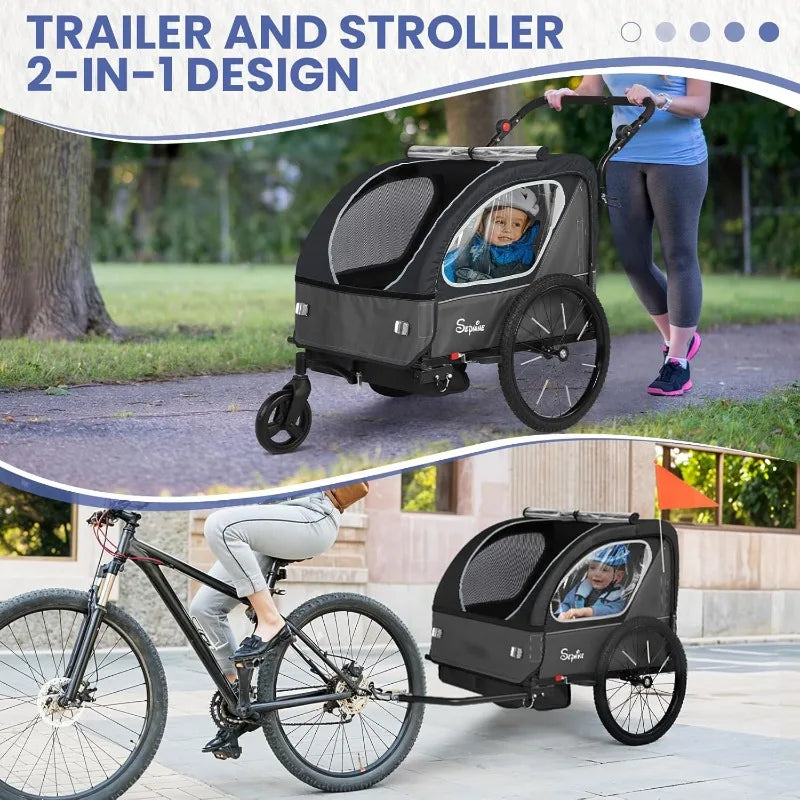 Kids Bike Trailer, 2 in1 Canopy Carrier Converts to Pushcart Suitable for 1 to 2 Toddlers, Kids, Quick Attach to Bike