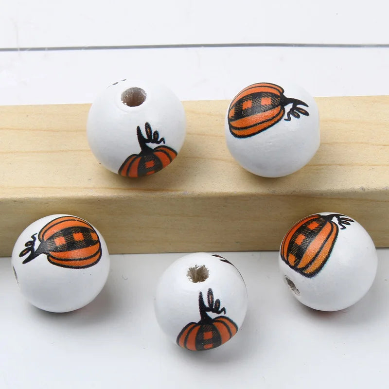 Round Balls Red Green Wooden Beads 15mm Cartoon Tree Letter Pattern Halloween Christmas Beads For Jewelry Making DIY Accessories