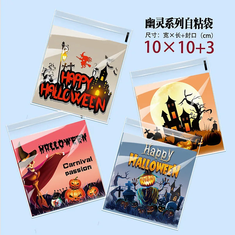 100pcs Happy Halloween Cookie Candy bread packaging bags self-adhesive plastic bags for biscuits snack baking package 10X10