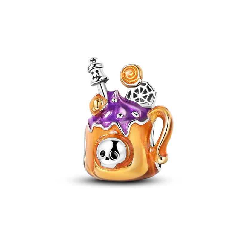 Original 925 Sterling Silver Halloween Charms Beads Pendant Pumpkin Witch Doll Skull Candy Charm Fit Bracelet DIY Jewelry Gift
