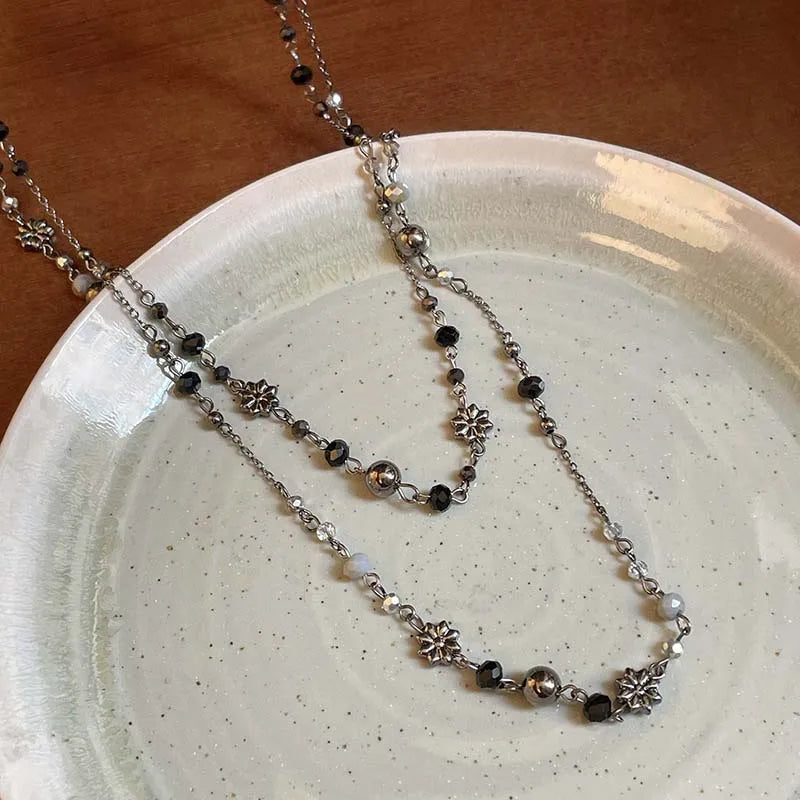 Vintage Double Layered Flower Beaded Chains Necklaces for Women Bohemian Ethnic Style Glass Beaded Sweater Chain Jewelry