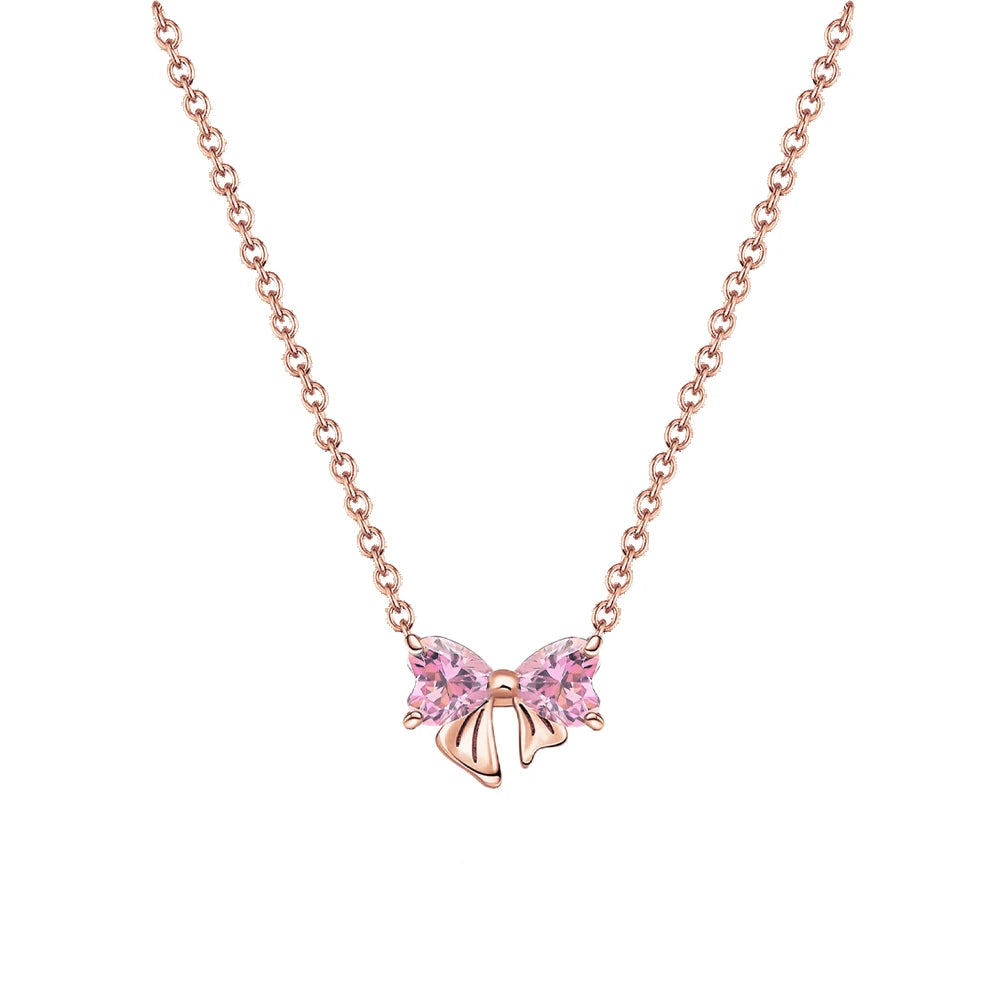 Luxury Original 925 Sterling Silver Necklace Bow Round CZ Red Heart Pendant Necklace Charm Women Classic DIY Gift Making